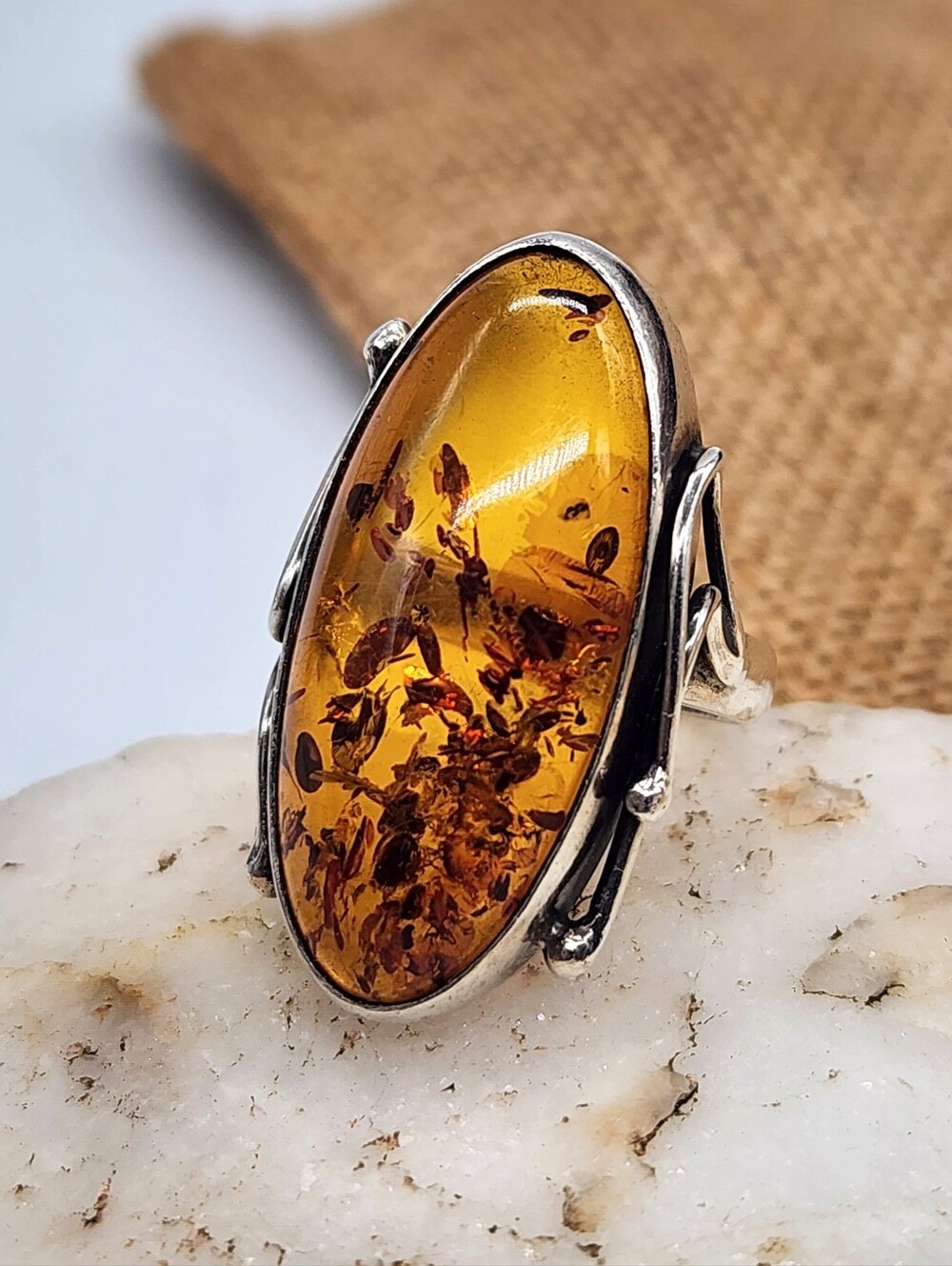 Amber Ring Sterling Silver 925 Natural Baltic Honey Cognac Amber Jewelry